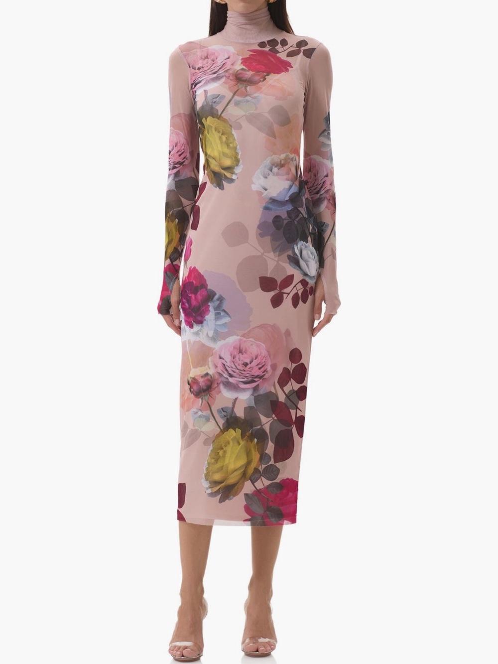 AFRM mesh shailene print powermesh Floral Midi Pencil bodycon dress in Pink